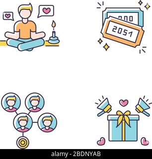 Social media marketing RGB color icons set. Lifestyle guru. Raffle tickets with numbers. Mass effect connection. Product promotion. Participate in Stock Vector