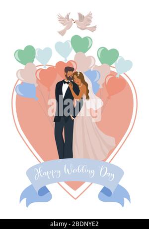 A pair of newlyweds, balloons, heart and pigeons isolated on a white background. Cute vector wedding illustration Stock Vector