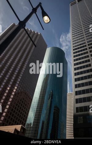 Vertical low angle view of some of the Skyline District skyscrapers, Downtown Houston, Texas Stock Photo