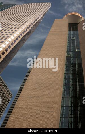 Vertical low angle view of the Enterprise Plaza and Hyatt skyscrapers, Skyline district, Downtown Houston, Texas Stock Photo