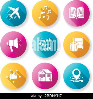Recreation flat design long shadow glyph icons set. Travel with flight. Music notes. Loudspeaker broadcast. Event decoration. Movie night Stock Vector