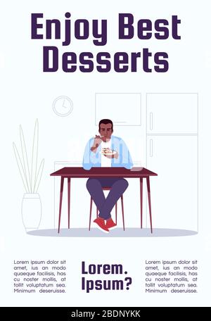 Enjoy best desserts poster template. Delicious confections store commercial flyer design with semi flat illustration. Vector cartoon promo card Stock Vector