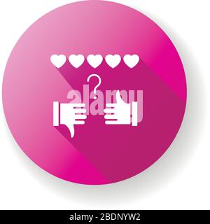 Review rate pink flat design long shadow glyph icon. Thumbs up and down. Hand sign of like and dislike. Satisfaction level. Positive and negative Stock Vector