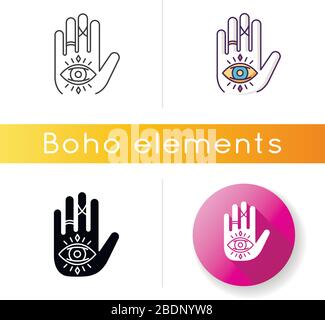 Hand and eye esoteric icon. Fortune teller mystic symbol. All seeing eye magical sign. Palmistry and future prediction talisman. Linear black and RGB Stock Vector