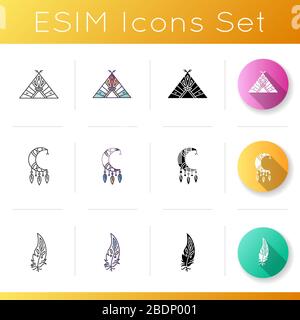 Native american indian accessories icons set. Tribe chief teepee. Crescent moon dreamcatcher. Wigwam with ethnic ornaments. Linear, black and RGB Stock Vector