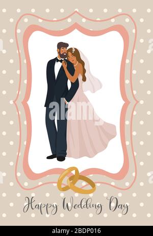 A pair of newlyweds and wedding rings in cute frame. Cute vector illustration in flat style. Stock Vector