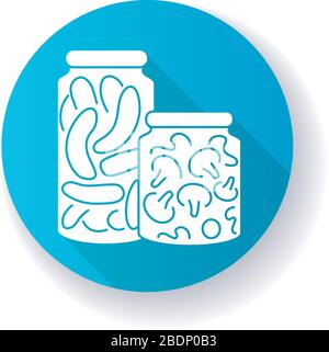 Pickling blue flat design long shadow glyph icon. Food conservation, vegetables preservation. Raw veggies fermentation in brine. Canned cucumbers and Stock Vector