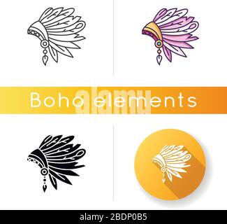 Native Indian American chief hat icon. Apache tribe cerenmonial headwear. Ancient headdress with feathers. Antique head wear. Linear black and RGB Stock Vector