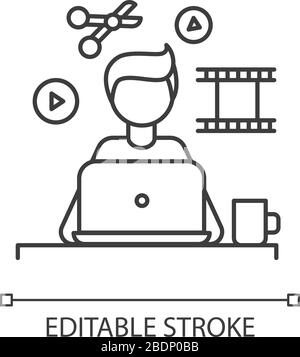 Video editor pixel perfect linear icon. Multimedia content creating, movie editing. Thin line customizable illustration. Contour symbol. Vector Stock Vector