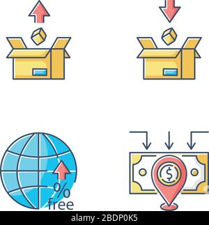International trade, customs taxes RGB color icons set. Export and import tariffs, non-tariff barriers and foreign direct investment. Isolated vector Stock Vector