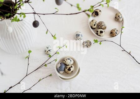 Easter table decorated with quail eggs and birch tree branches. Modern minimalistic Easter decor flat lay Stock Photo
