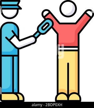 Body scanning RGB color icon. Airport security with metal detector. Passenger getting checked before flight. Smuggle precaution in aircraft. Search Stock Vector