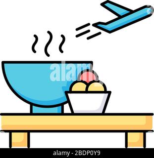 Airport restaurant RGB color icon. Serving food in aircraft terminal cafe. Eat at cantine before airplane flight. Dining area before plane departure Stock Vector