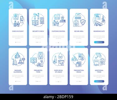 Airport terminal onboarding mobile app page screen with concepts set. Commercial airline services walkthrough five steps graphic instructions. UI Stock Vector