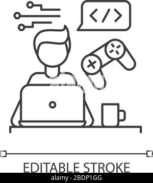 Game developer pixel perfect linear icon. Freelancer, remote game software programmer. Thin line customizable illustration. Contour symbol. Vector Stock Vector