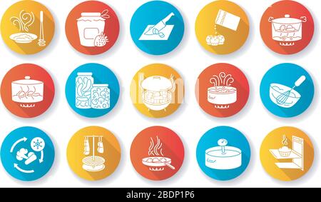 Cooking process flat design long shadow glyph icons set. Different food preparation methods, various culinary techniques. Ingredients and kitchen Stock Vector