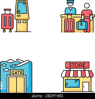 Airport terminal RGB color icons set. Self service kiosk to check in. Boarding registration desk. Gate window. Airplane departure. Duty free store Stock Vector