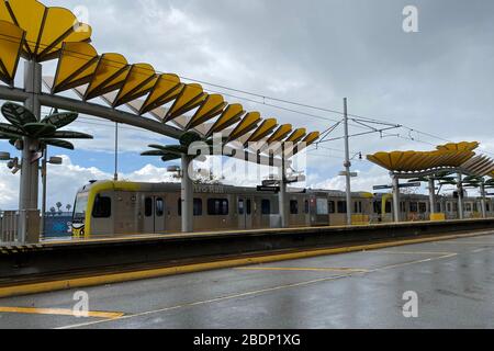 CALIFORNIA, USA. 08th Apr, 2020. A Metro Rail Gold Line light rail train leaves the East LA Civic Center station amid the global coronavirus COVID-19 pandemic, Wednesday, April 8, 2020, in Los Angeles. (Photo by IOS/Espa-Images) Credit: European Sports Photo Agency/Alamy Live News Stock Photo