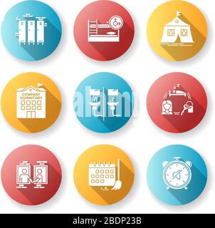 Living in dormitory flat design long shadow glyph icons set. Lockers. Mixed bedroom. Company dorm. Neighborhood. Cleaning schedule. Quiet hours Stock Vector