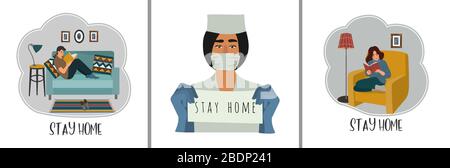 Stay home. Set of vector illustrations with doctor and quarantined people at home. Stock Vector