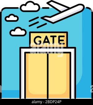Airport gate RGB color icon. Airplane departure. Plane flying in sky. Window at aircraft lounge. Public airplane trip check. International Stock Vector
