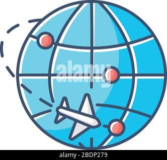 International trade blue RGB color icon. Export and import, logistics, airmail and parcels delivery. Commerce, trading, international market map Stock Vector