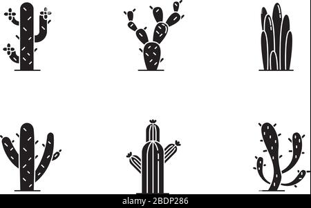 Cactuses black glyph icons set on white space. American desert plants with fleshy trunks. Family Cactaceae. Different prickly succulents. Silhouette Stock Vector