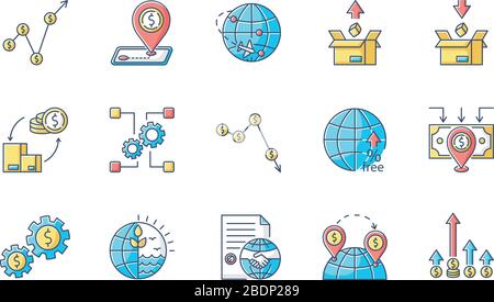 Global trade RGB color icons set. World economics, investment and income. Export and import, business assets and natural resources. Isolated vector Stock Vector