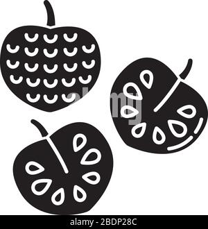 Cherimoya black glyph icon. Delicious custard apple whole and cut in half. Annona cherimola. Sweet ripe tropical fruit. Healthy diet. Silhouette Stock Vector