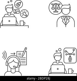 Distant workers pixel perfect linear icons set. Creative and graphic design, legal service. Customizable thin line contour symbols. Isolated vector Stock Vector