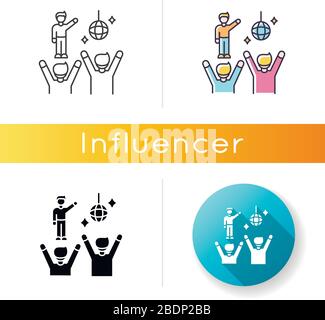 Fan meeting icon. Party in disco club. People dancing at celebration. Nightclub performance. Night life entertainment. Linear black and RGB color Stock Vector