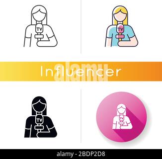 Journalist icon. Person delivering news. Woman holding microphone. Broadcasting on television. Mass press presenter on tv. Linear black and RGB color Stock Vector