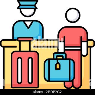 Airport check in RGB color icon. Passenger waiting at registration desk. Tourist checking on reservation table. Receptionist at counter at aircraft Stock Vector