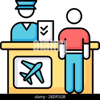 Airport information desk RGB color icon. Registration desk for airplane passengers. Helpdesk to provide flight information. People at reception Stock Vector