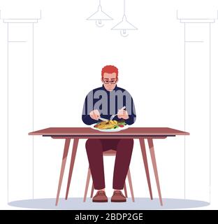 Exquisite guy eating in seafood restaurant semi flat RGB color vector illustration. Redhead caucasian guy enjoying delicious fish and vegetables Stock Vector
