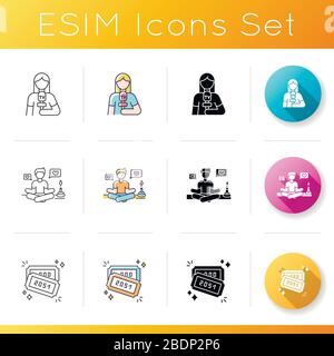 Social media influencer icons set. Female journalist holding microphone. Lifestyle guru in meditation pose. Raffle ticket. Linear, black and RGB color Stock Vector