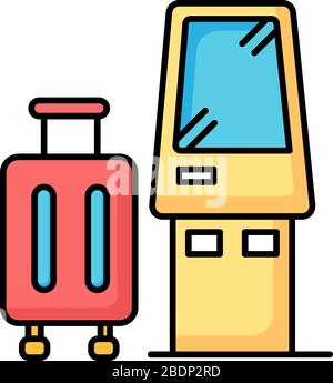 Check in kiosk RGB color icon. Self serving airport terminal. Checked luggage in aircraft. Panel machine for passenger baggage. Confirm suitcases Stock Vector