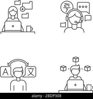 Freelance professions, data entry jobs pixel perfect linear icons set. 3D modelling, customer service. Customizable thin line contour symbols Stock Vector