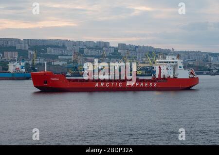Murmansk, Russia - August 18, 2019: The bulk carrier Nadezhda floats in Kola Bay, near the port of Murmansk. Stock Photo