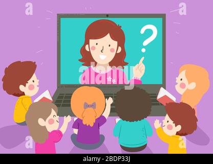 Illustration of Kids Listening to a Girl Teacher on Laptop Screen for Online Discussion Stock Photo