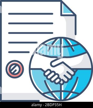 International trade agreement blue RGB color icon. Partnership, teamwork, cooperation. Business, commerce, contract signing, making deal. Isolated Stock Vector