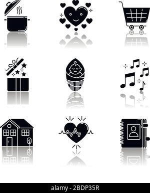 Lifestyle drop shadow black glyph icons set. Cooking recipe. Loving heart. Online purchase. Music sound. Contact book for social media highlights Stock Vector