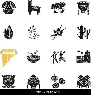 Peru black glyph icons set on white space. Peruvian sights, culture, nature, cuisine. Traveling in Latin America. Alpaca, guinea pig, siku, ceviche Stock Vector