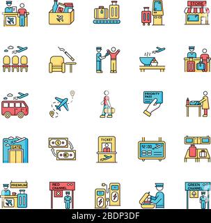 Airport terminal RGB color icons set. Boarding pass. Flight information. Smoking area. Lounge for passenger waiting. Transportation transit. Airline Stock Vector