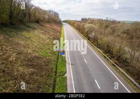 Empty A30 trunk road shows no spring holiday traffic bound for Cornwall in England's south west during the COVID-19 travel restrictions, April 2020.