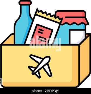 Duty free shopping RGB color icon. Products in bag from airport store. Buy vacation gift with zero taxes. Supermarket in aircraft terminal. Discount Stock Vector