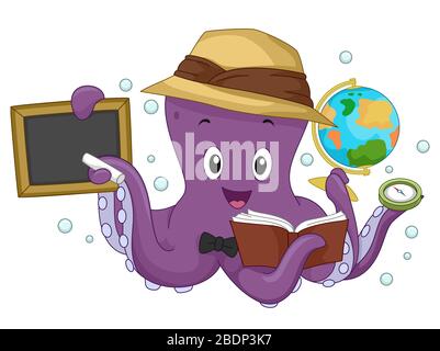 Illustration of an Octopus Mascot Teacher Holding a Blackboard, Book, Globe and Compass Teaching Geography Stock Photo