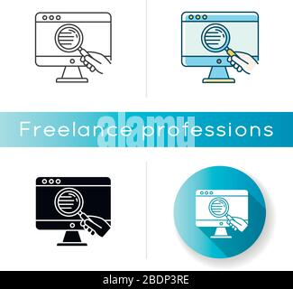 Web researcher icon. Site analysis, data search, web analytics. Internet research, websites surfing. Remote employee, freelancer. Linear black and RGB Stock Vector