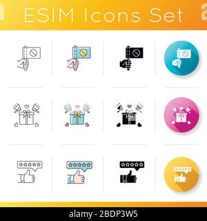 Social media campaign icons set. Activist hold flag with stop sign. Product promotion. Thumbs up. Satisfaction level. Linear, black and RGB color Stock Vector