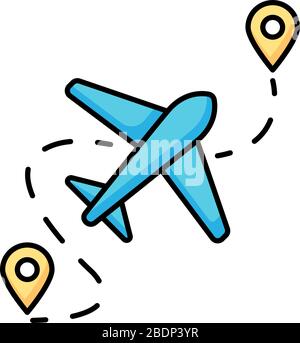 Airplane route RGB color icon. Plane destination with GPS pointer. Location for aeroplane arrival. Way for trip with aircraft. Airline path with Stock Vector